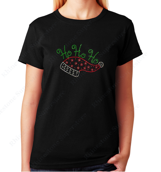 Women Unisex T-Shirt with Ho Ho Ho with Santa in Rhinestones Crew Neck