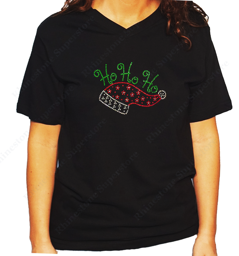 Women Unisex T-Shirt with Ho Ho Ho with Santa in Rhinestones V Neck