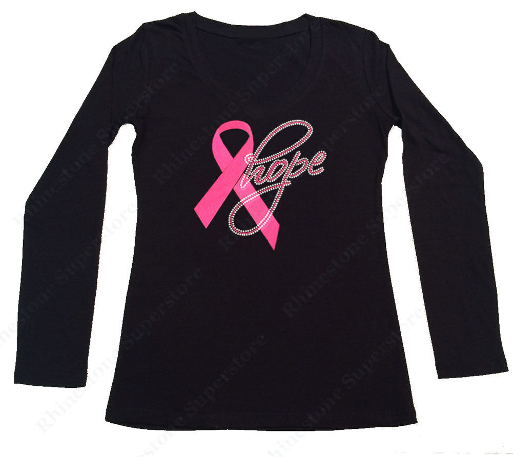 Womens T-shirt with Pink Hope Cancer Ribbon in Rhinestones
