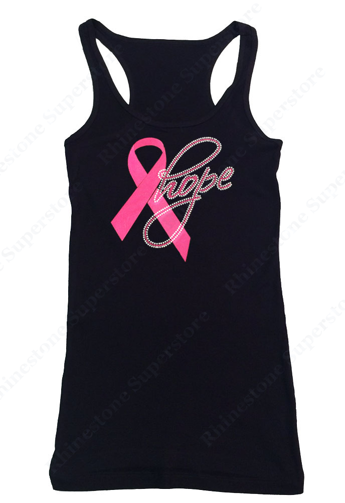 Womens T-shirt with Pink Hope Cancer Ribbon in Rhinestones