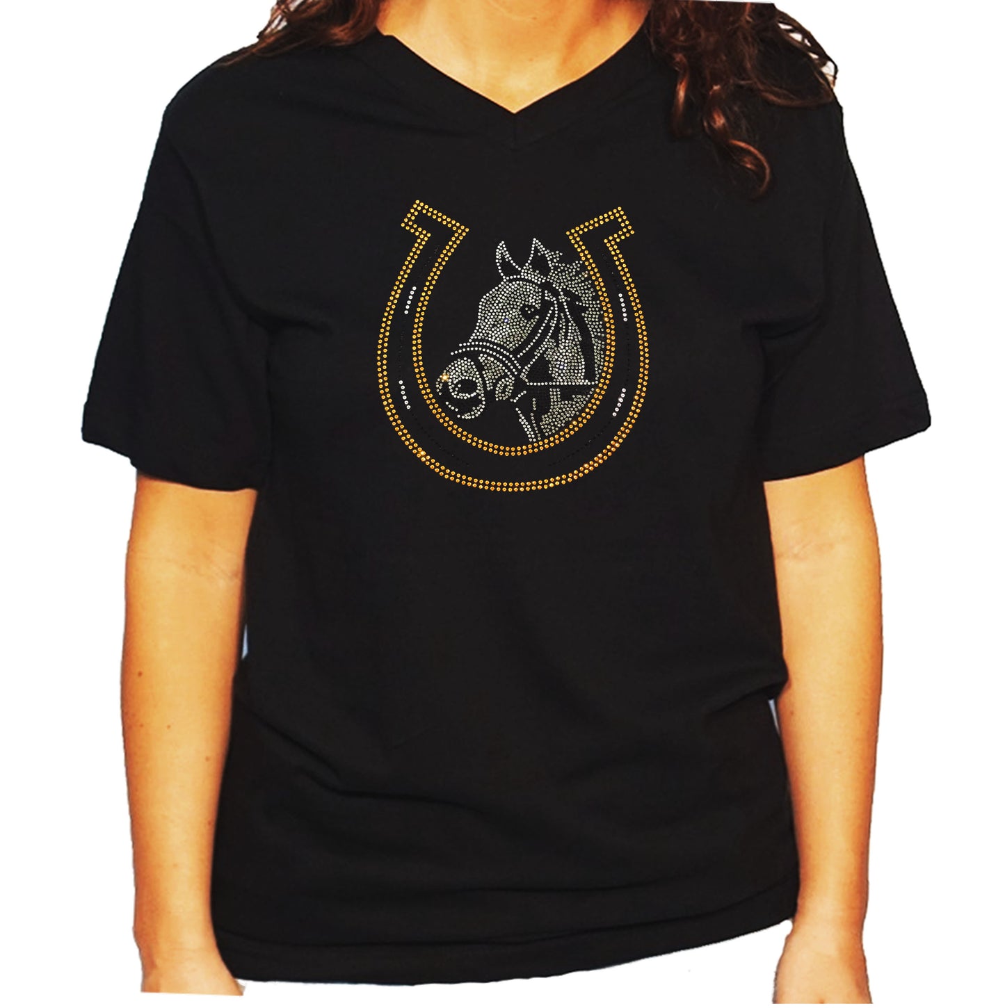 Women's / Unisex T-Shirt with Horse and Lucky Horseshoe - Equestrian in Rhinestones
