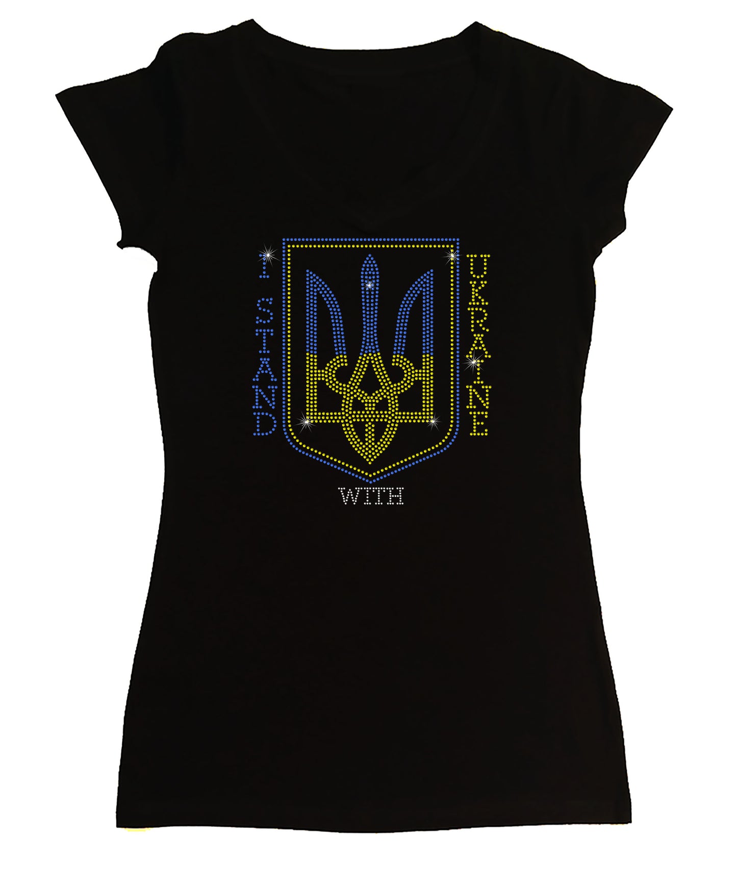 Women's Rhinestone Fitted Tight Snug Shirt I Stand with Ukraine - Trident, Support for Ukraine