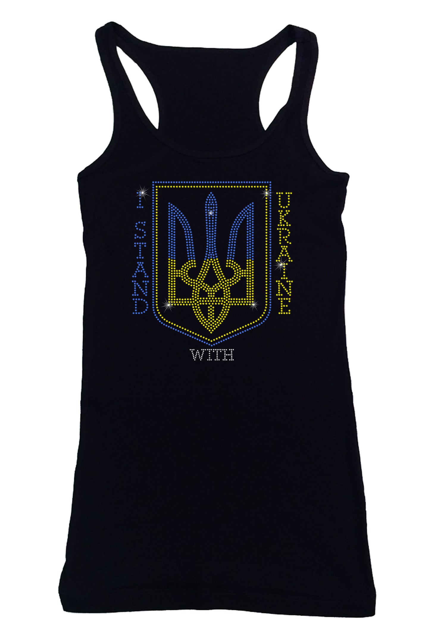 Women's Rhinestone Fitted Tight Snug Shirt I Stand with Ukraine - Trident, Support for Ukraine