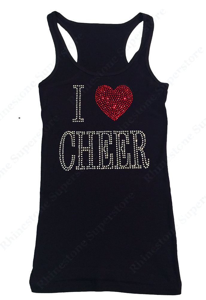 Womens T-shirt with I Love Cheer in Rhinestones