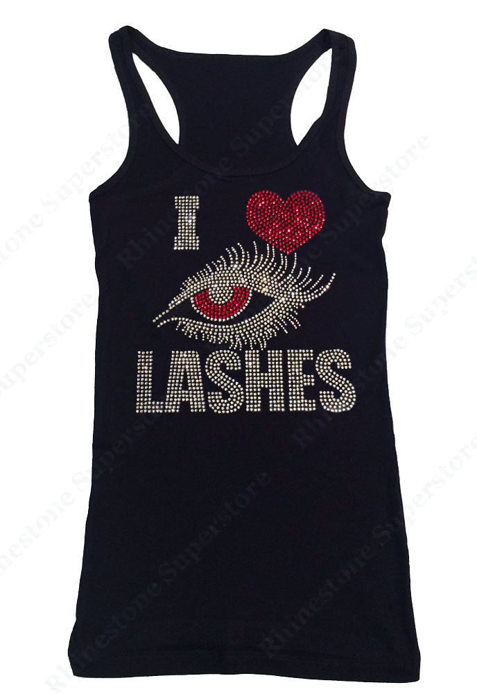 Womens T-shirt with I Love Eye Lashes in Rhinestones