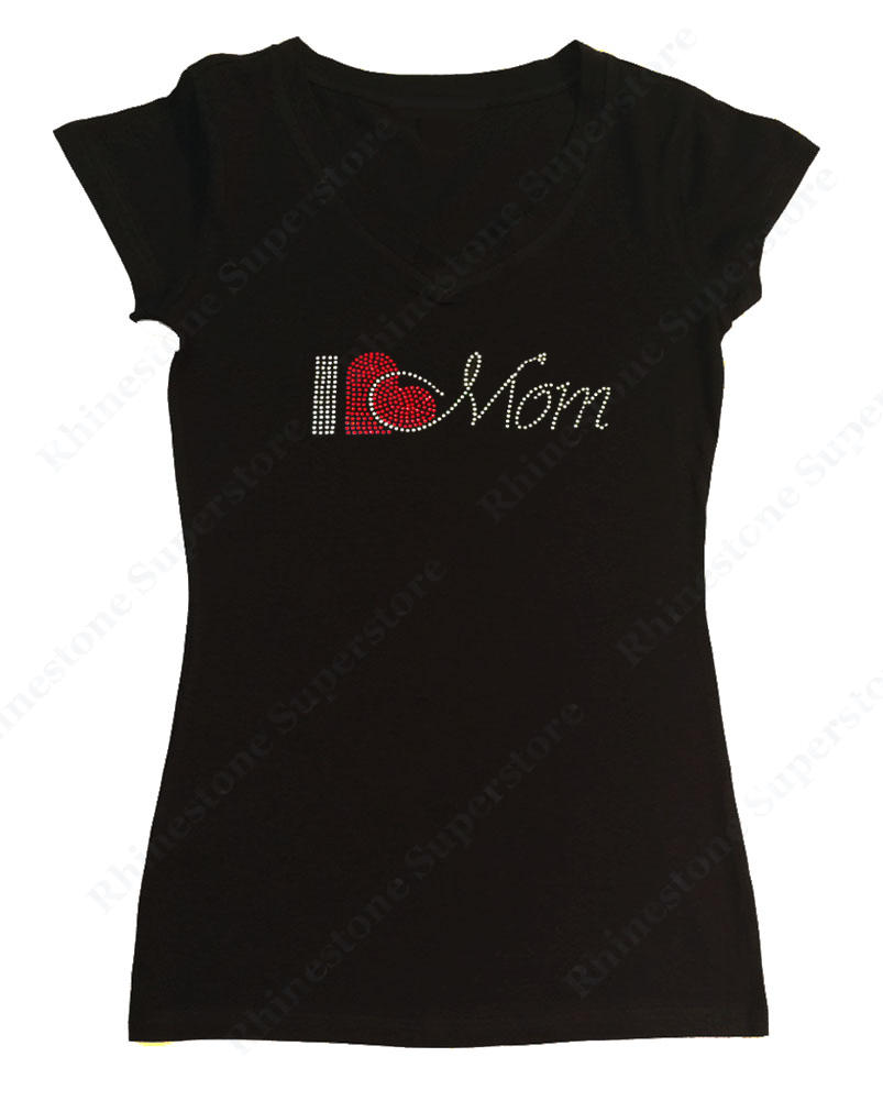 Womens T-shirt with I Love Mom in Rhinestones