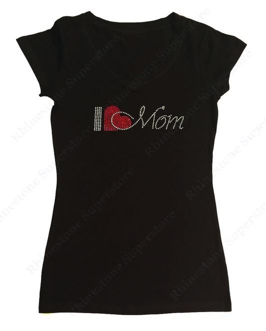 Womens T-shirt with I Love Mom in Rhinestones