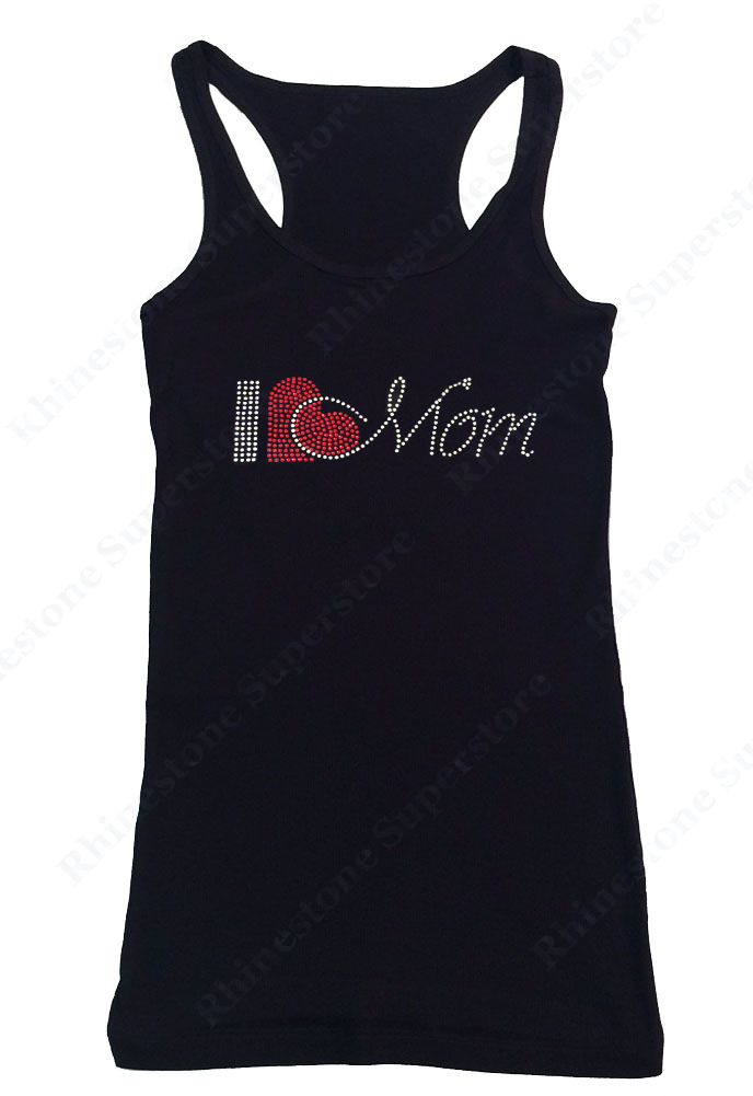 Womens T-shirt with I Love Mom in Rhinestones
