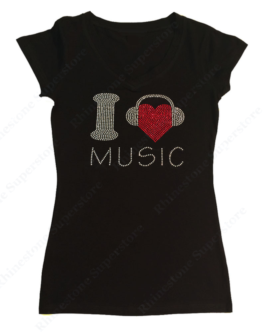 Womens T-shirt with I Love Music with Headphones in Rhinestones