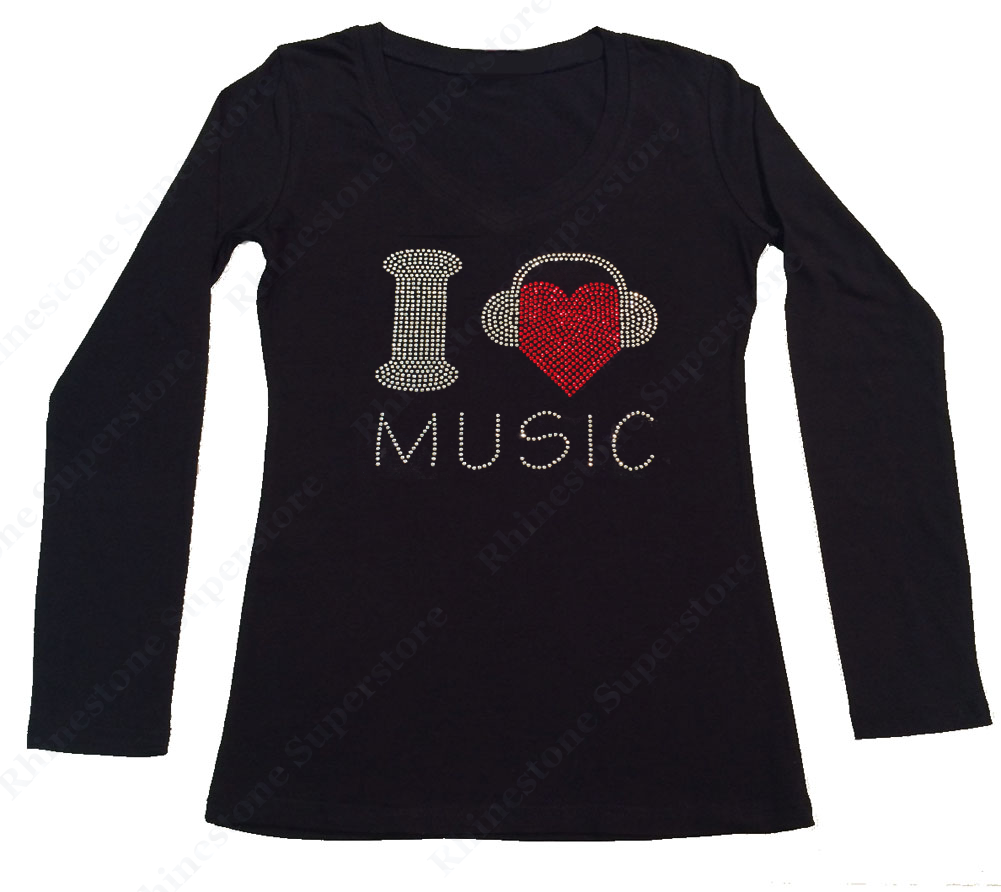 Womens T-shirt with I Love Music with Headphones in Rhinestones
