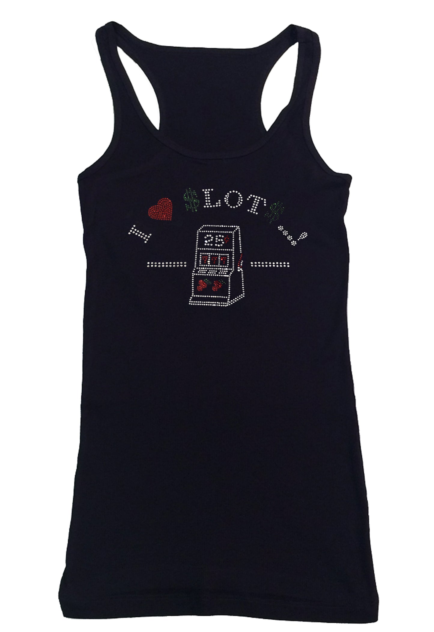 Womens T-shirt with I Love Slot Machines in Rhinestones