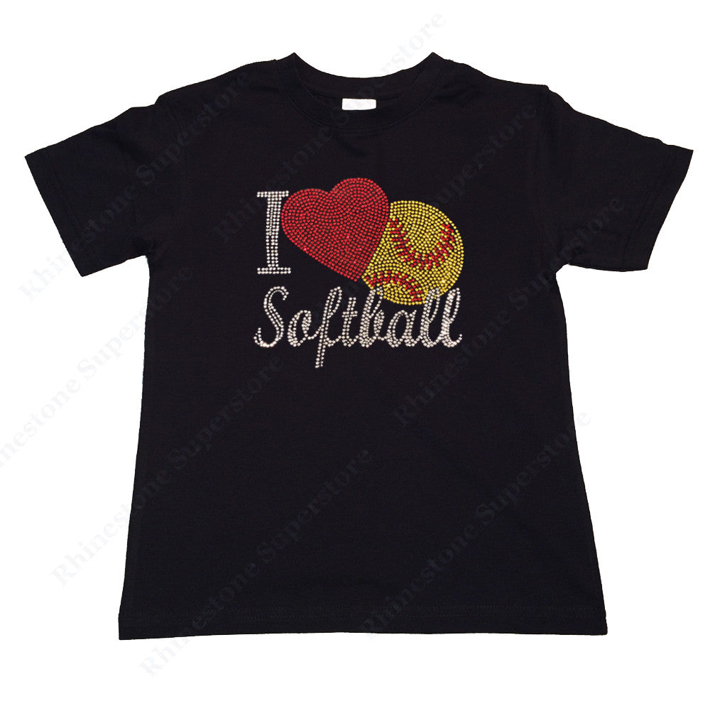Girls Rhinestone T-Shirt " I Love Softball " Kids Size 3 to 14 Available