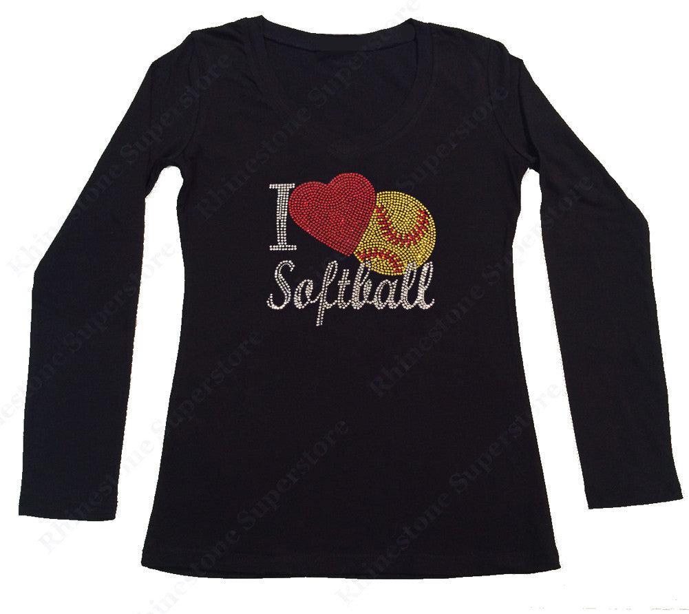 Womens T-shirt with I Love Softball in Rhinestones