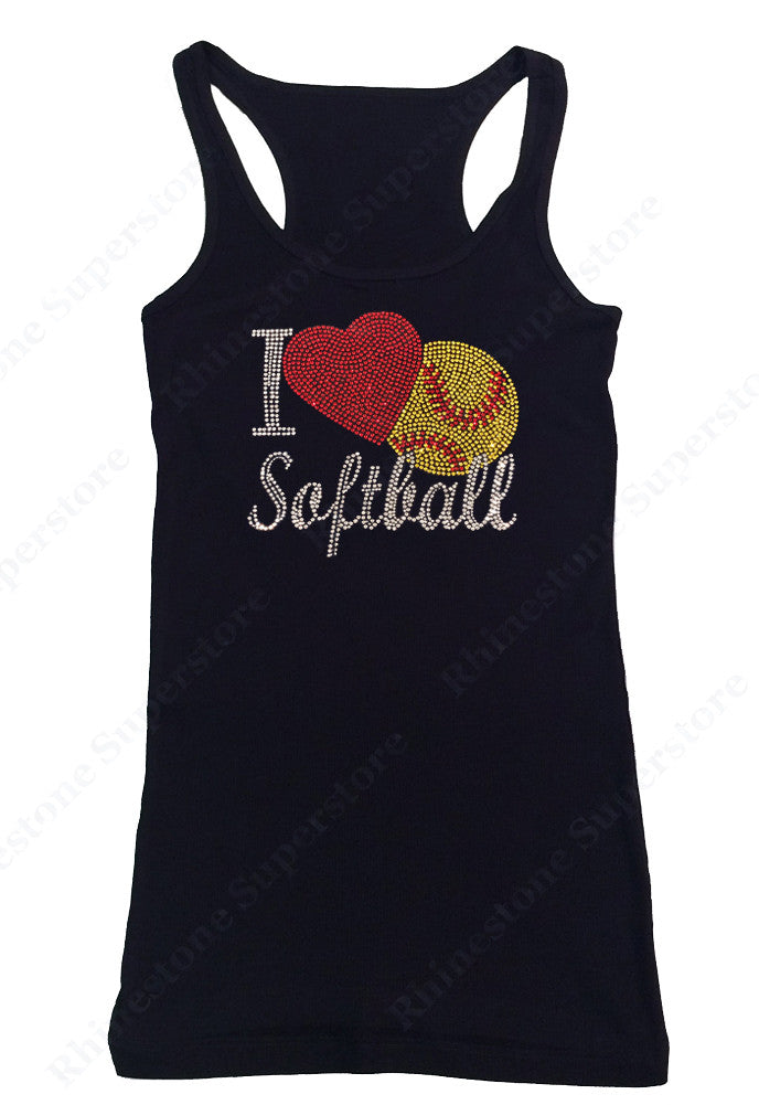 Womens T-shirt with I Love Softball in Rhinestones