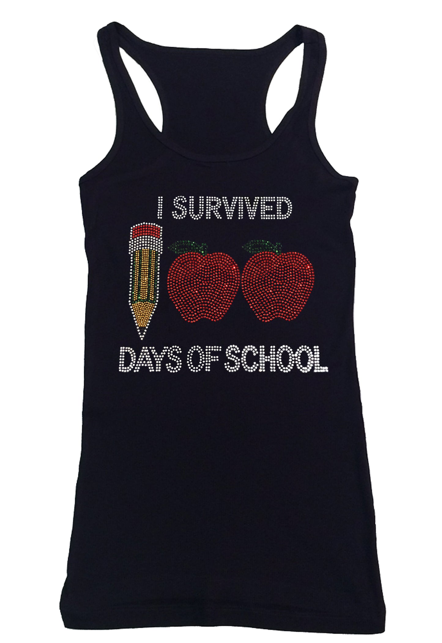 Womens T-shirt with I Survived 100 Days of School in Rhinestones