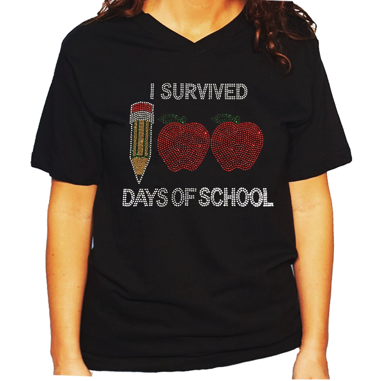 Women's / Unisex T-Shirt with I Survived 100 Days of School in Rhinestones