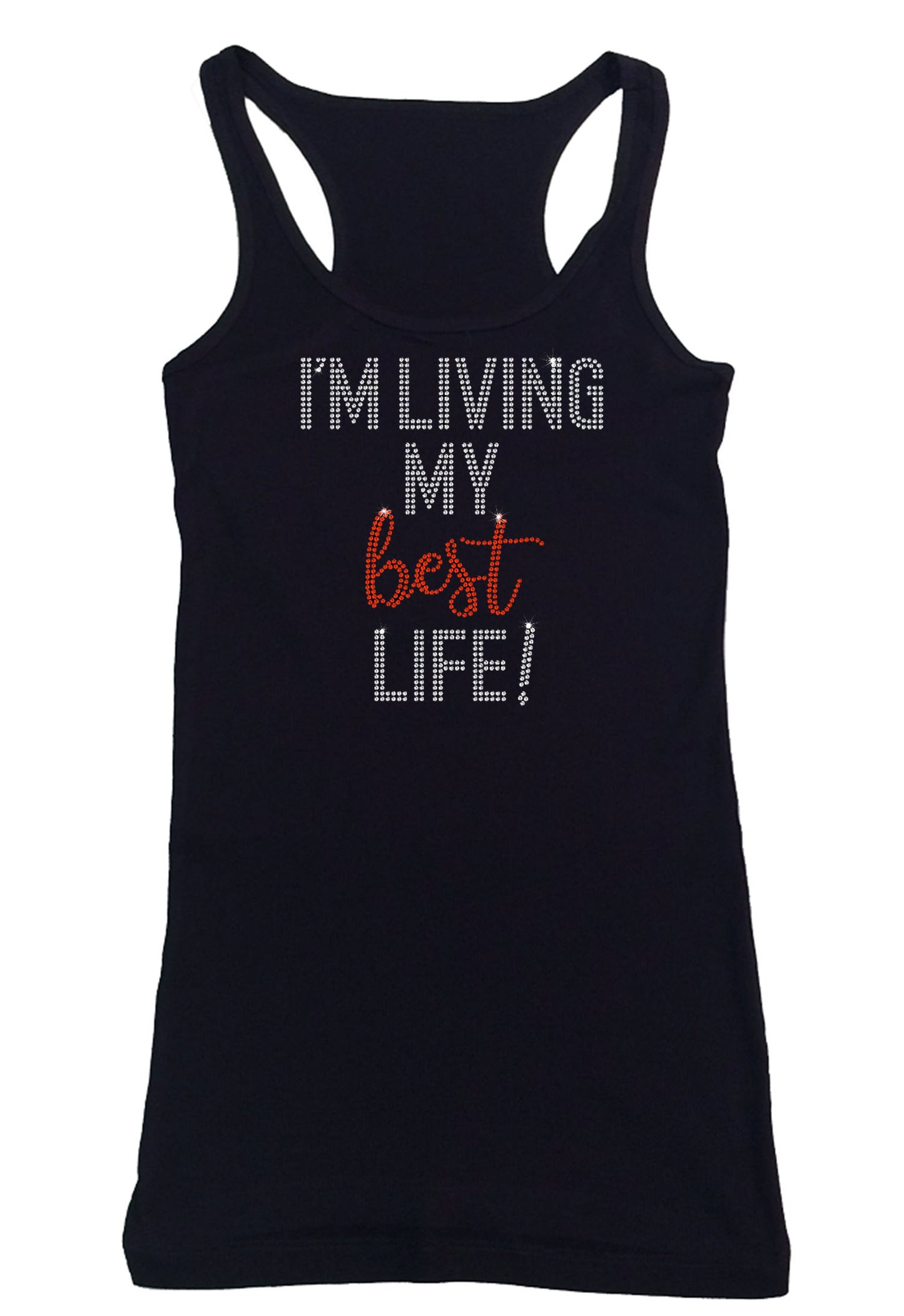 Womens T-shirt with I'm Living My Best Life in Rhinestones