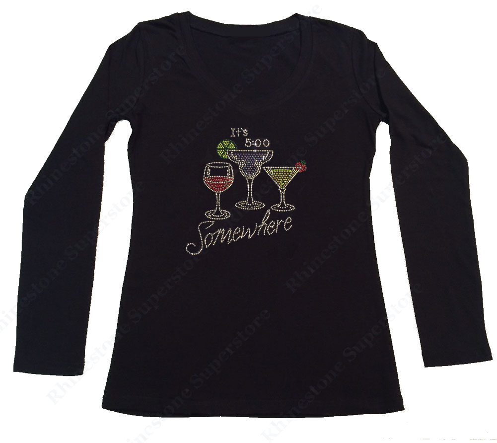 Womens T-shirt with It's 5 O'Clock Somewhere with Wine, Margarita and other Drinks Cups in Rhinestones