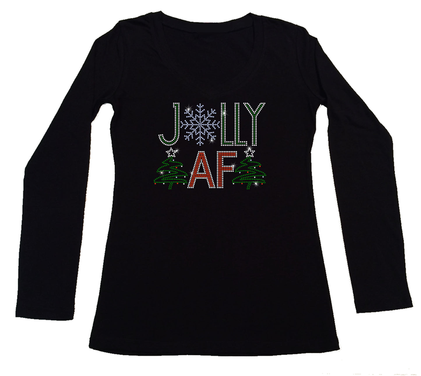 Women's Rhinestone Fitted Tight Snug Shirt Jolly AF - Christmas Shirt