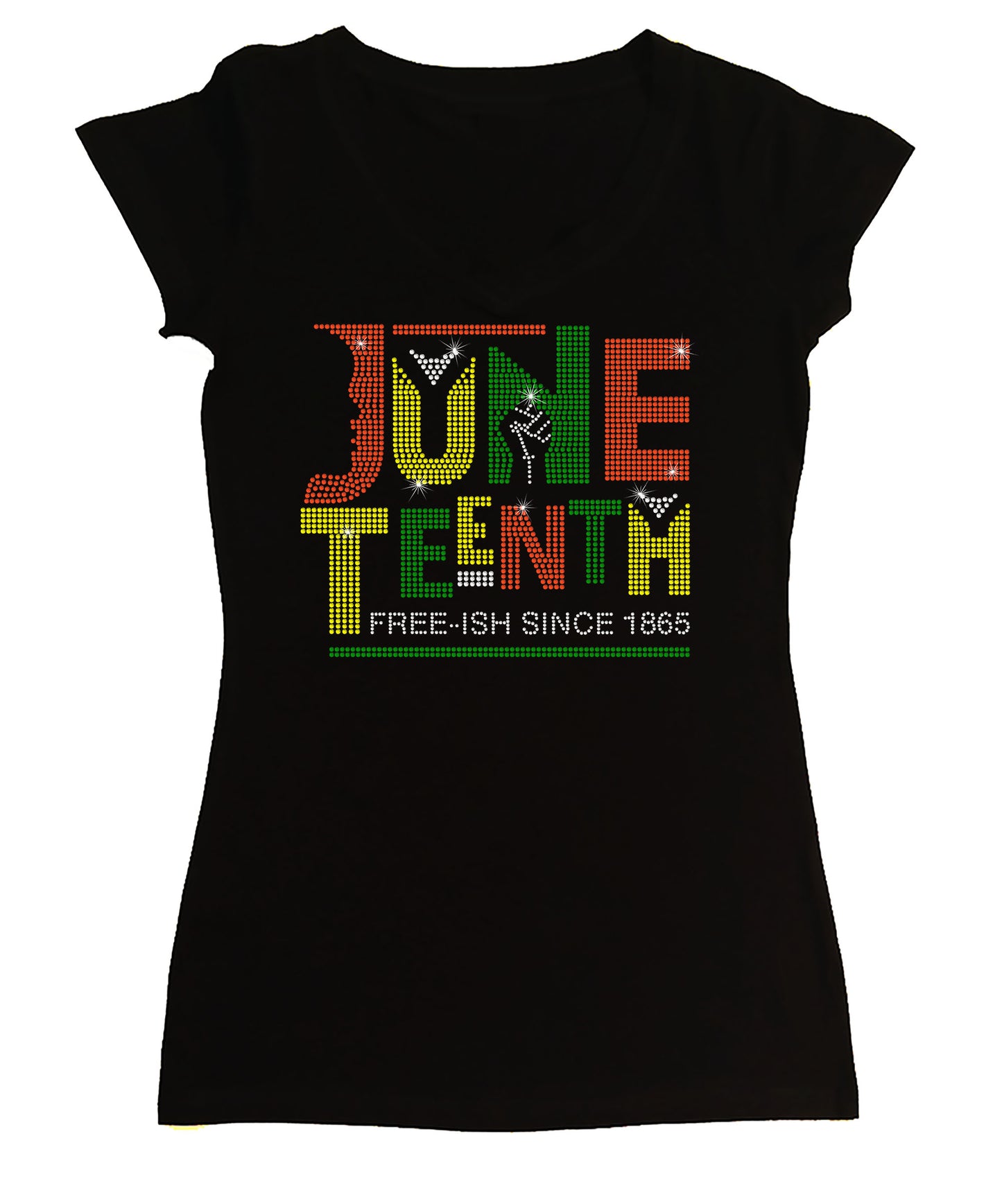 Women's Rhinestone Fitted Tight Snug Juneteenth Free-ish Since 1865 - Juneteenth Shirt with Fist