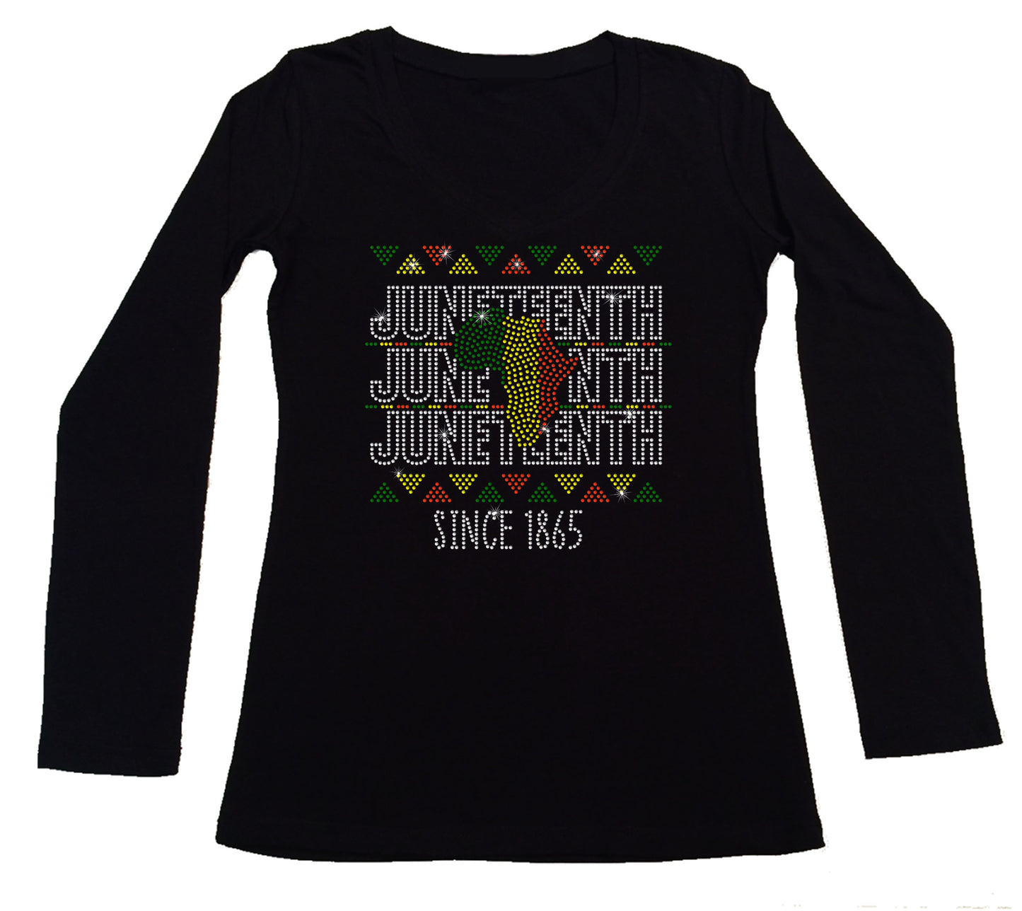 Women's Rhinestone Fitted Tight Snug Juneteenth Since 1865 - with African Colors, Rhinestone Juneteenth Shirt