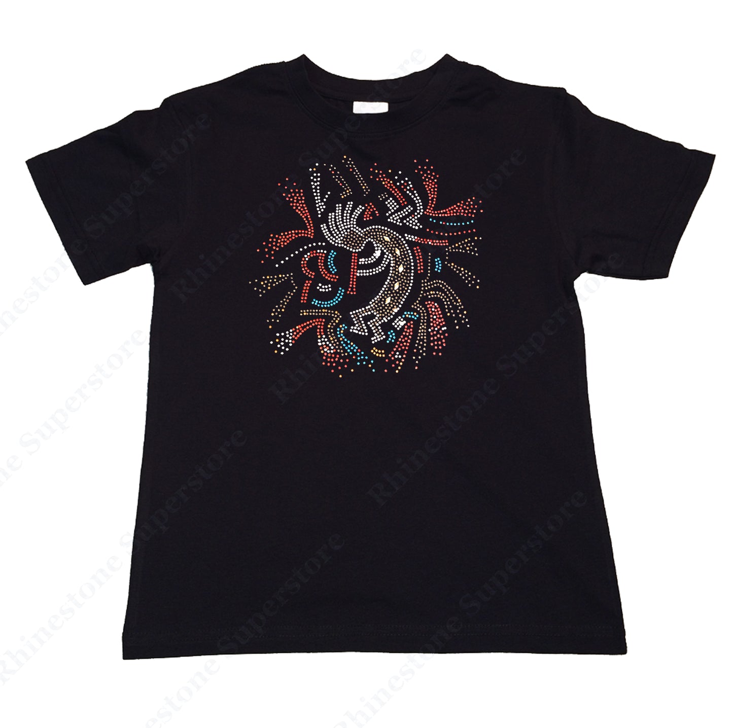 Girls Rhinestone T-Shirt " Kokopelli Playing Flute in Rhinestones " Kids Size 3 to 14 Available