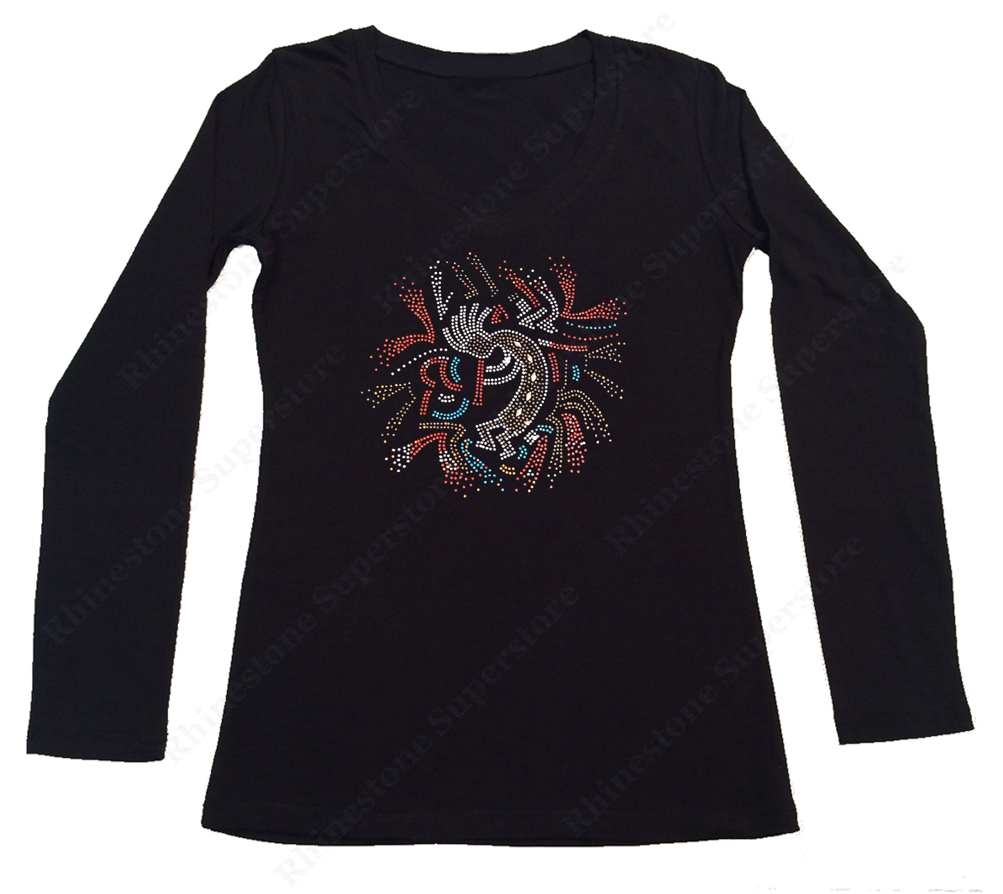Womens T-shirt with Kokopelli Playing Flute in Rhinestones