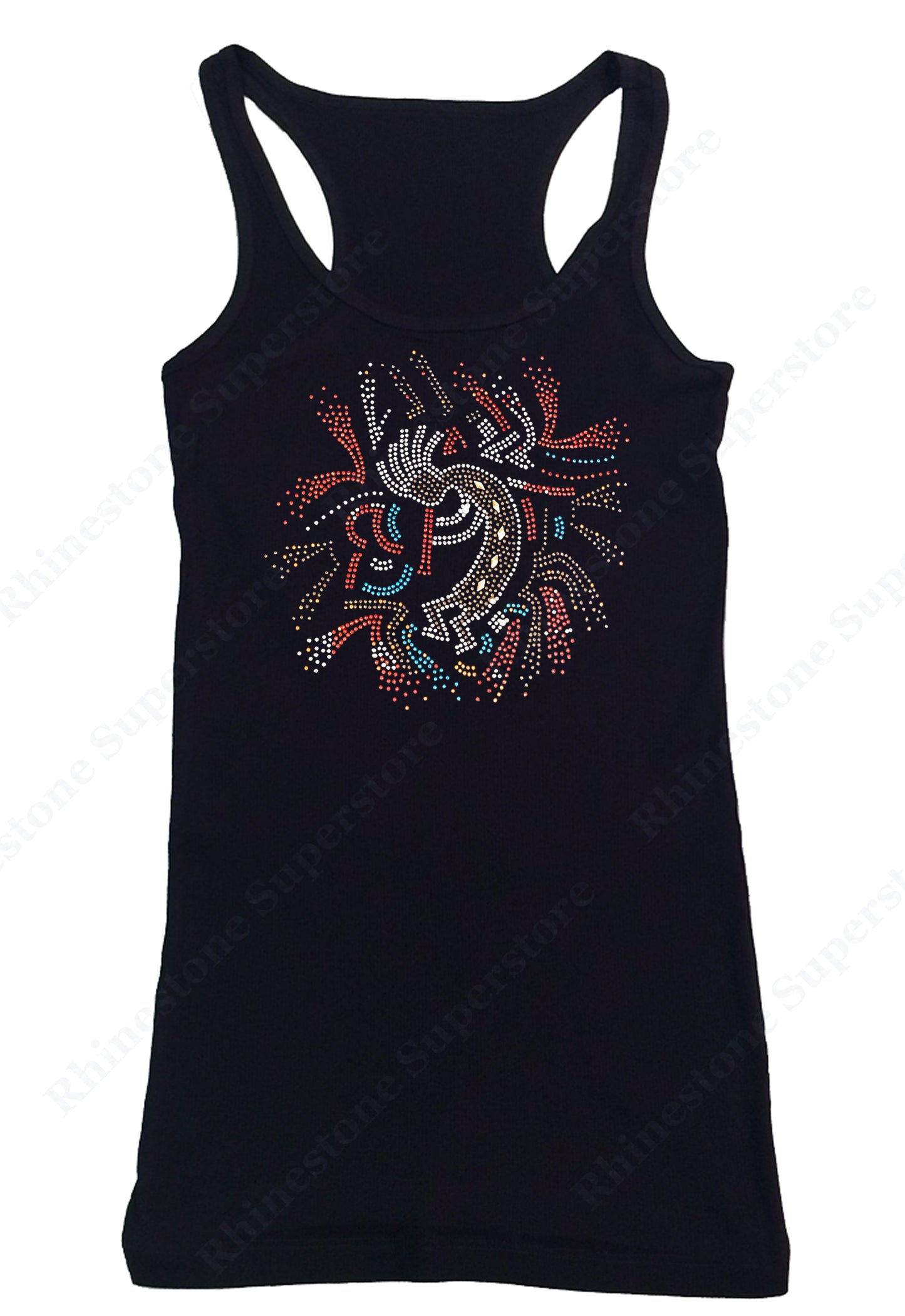 Womens T-shirt with Kokopelli Playing Flute in Rhinestones