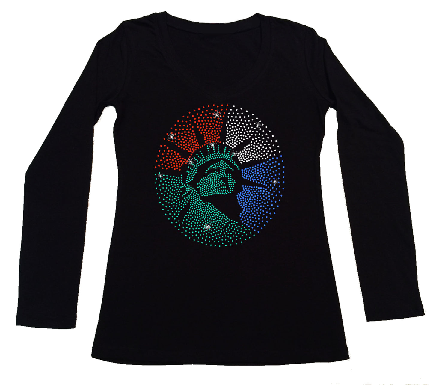 Women's Rhinestone Fitted Tight Snug Shirt Statue of Libery - Patriotic Shirt, USA, Lady Liberty