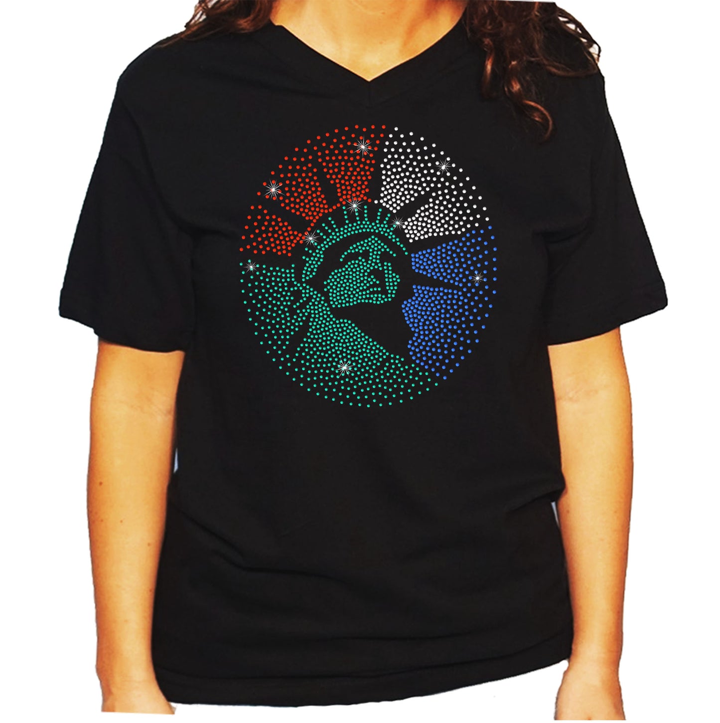 Women's/Unisex Rhinestone T-Shirt with Statue of Liberty - Patriotic Shirt, USA, Lady Liberty