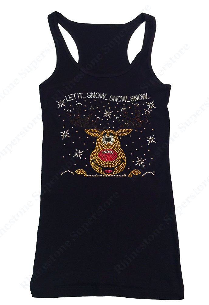 Womens T-shirt with Let It Snow Reindeer in Rhinestones