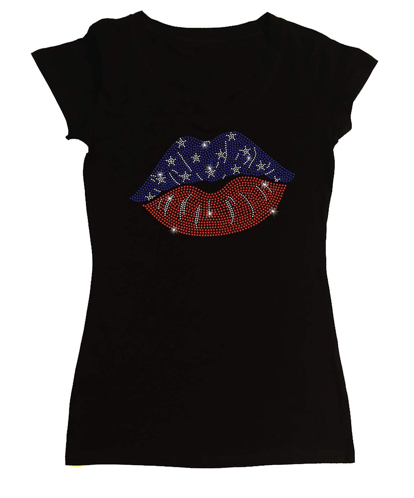 Women's Rhinestone Fitted Tight Snug 4th of July Lips - in Red, White & Blue, Patriotic Shirt, 4th of July Shirt