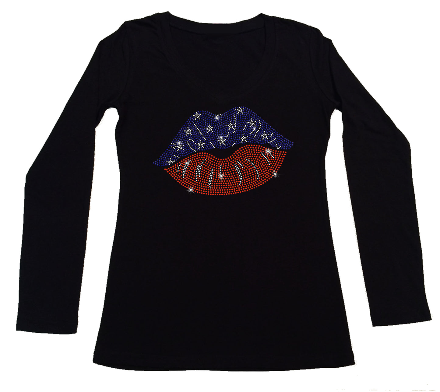 Women's Rhinestone Fitted Tight Snug 4th of July Lips - in Red, White & Blue, Patriotic Shirt, 4th of July Shirt