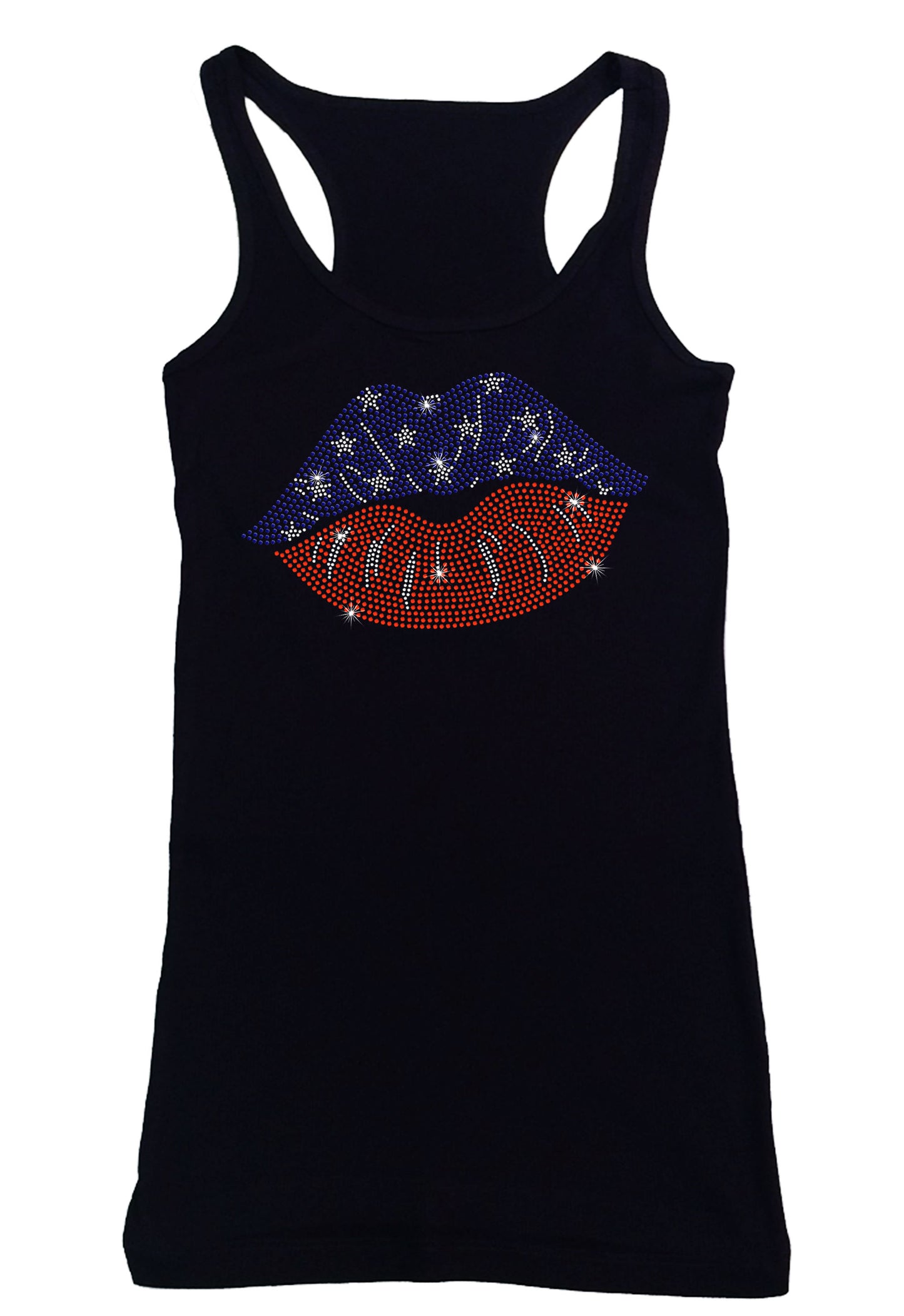 Women's Rhinestone Fitted Tight Snug 4th of July Lips - in Red, White & Blue, Patriotic Shirt, 4th of July Shirt
