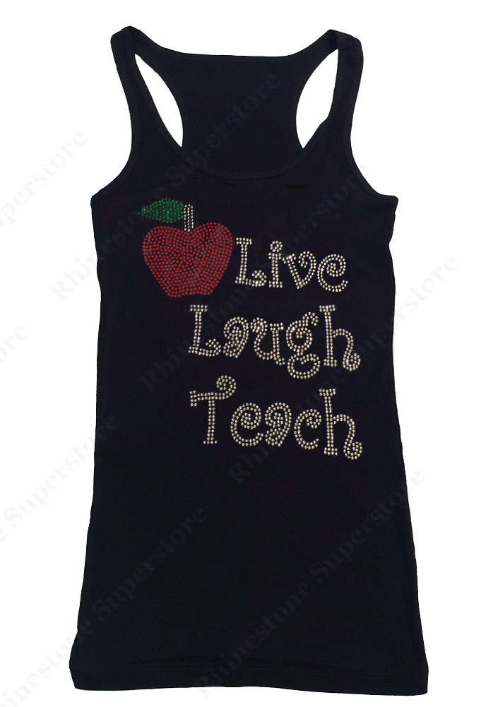 Womens T-shirt with Live Laugh Teach with Apple in Rhinestones