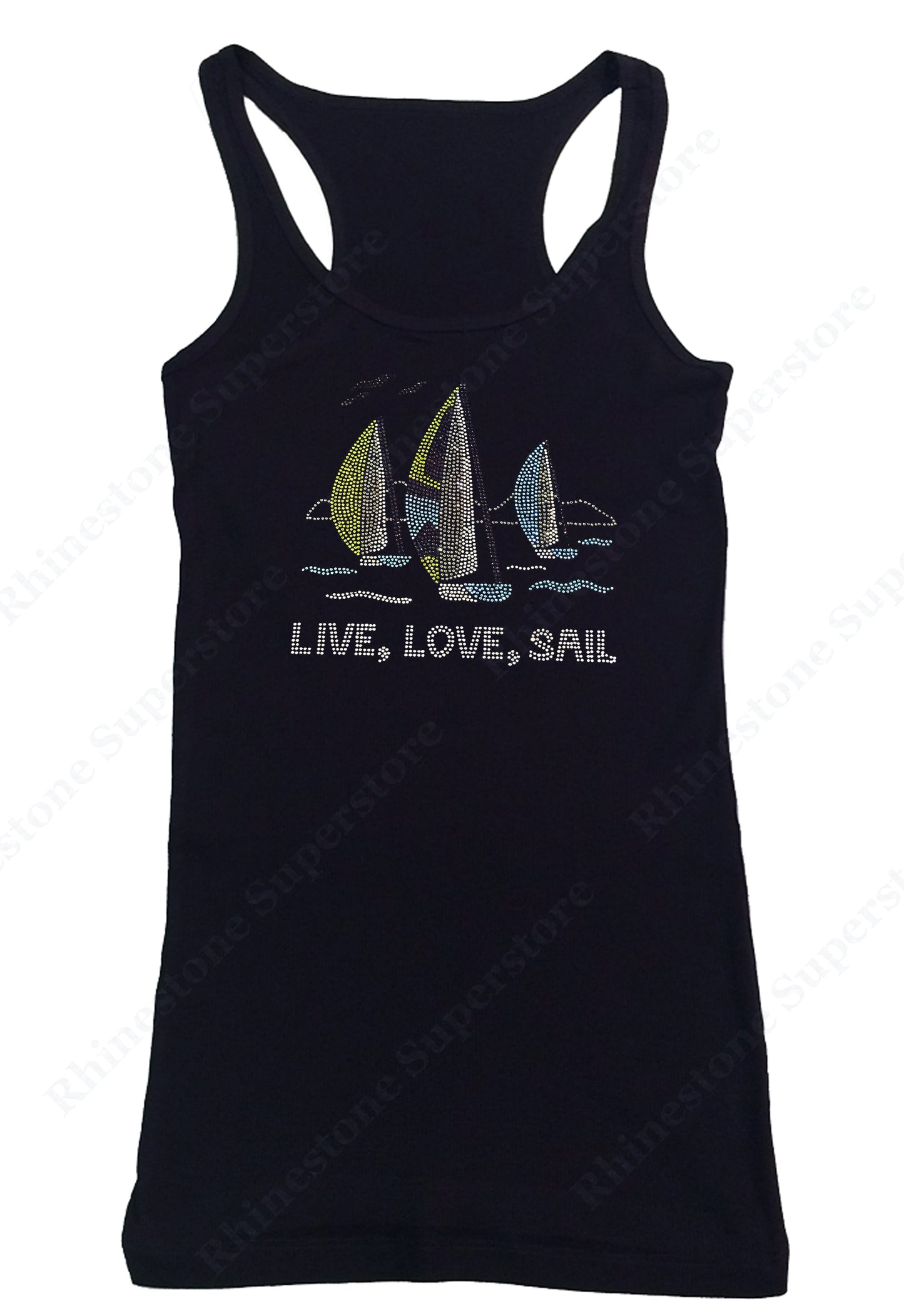 Womens T-shirt with Live Love Sail in Rhinestones Sailboat