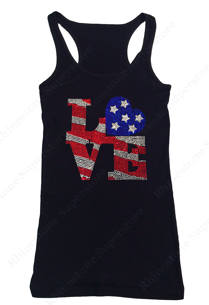 Womens T-shirt with Color Love 4th of July in Rhinestones