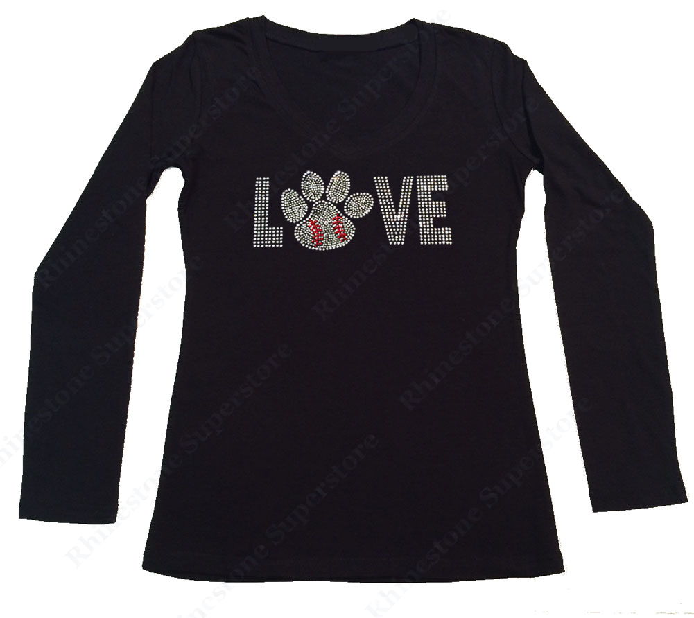 Womens T-shirt with Love Baseball Paw in Rhinestones