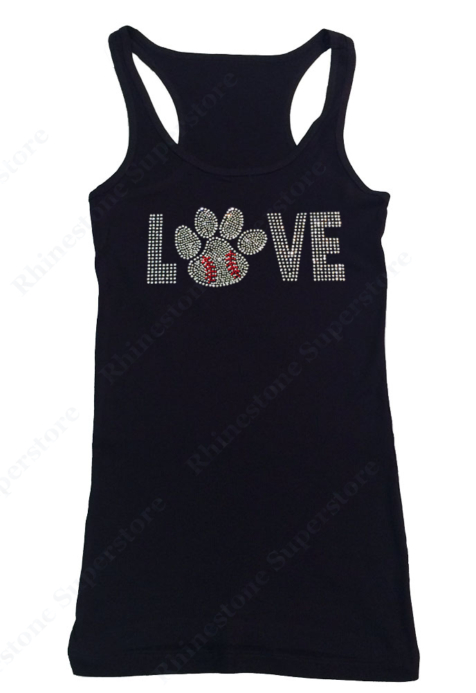 Womens T-shirt with Love Baseball Paw in Rhinestones