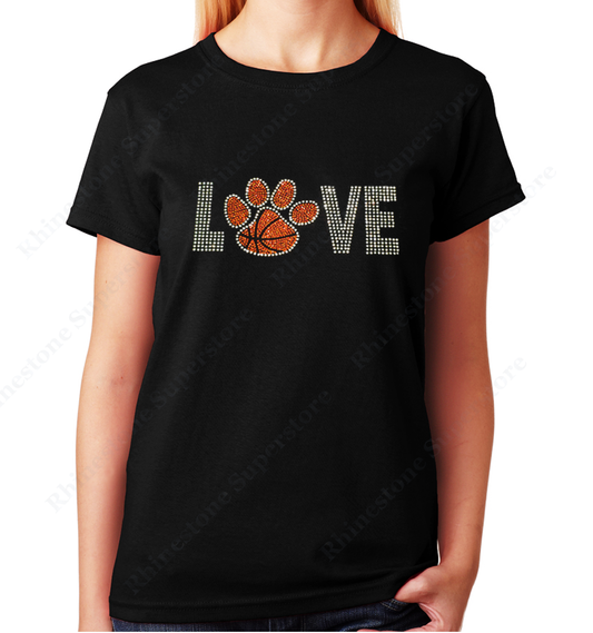 Women Unisex T-Shirt with Love Basketball Paw in Rhinestones Crew Neck