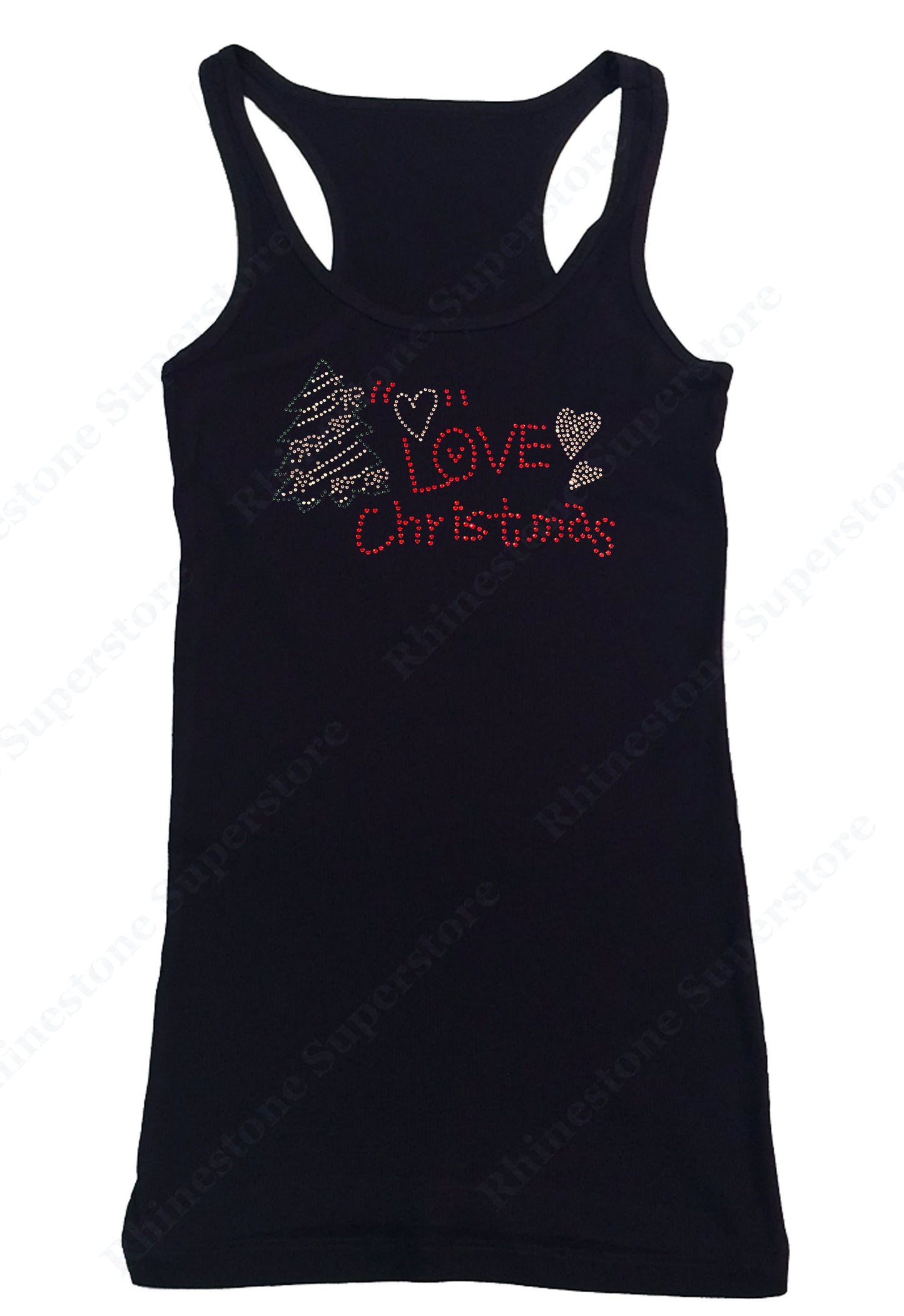 Womens T-shirt with Love Christmas with Tree in Rhinestones