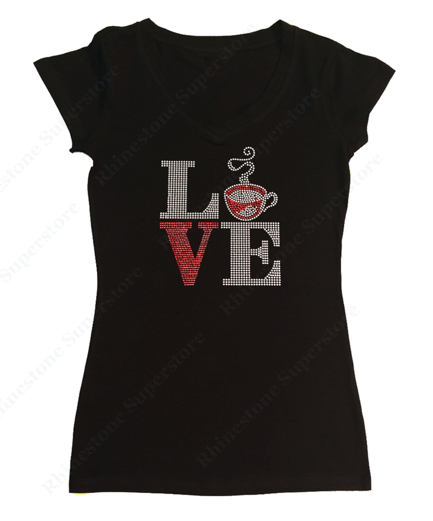 Womens T-shirt with Love Coffee in Spangles