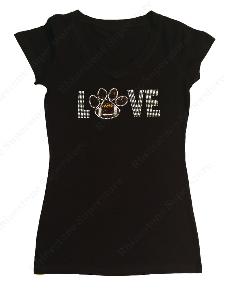 Womens T-shirt with Love Football Paw in Rhinestones