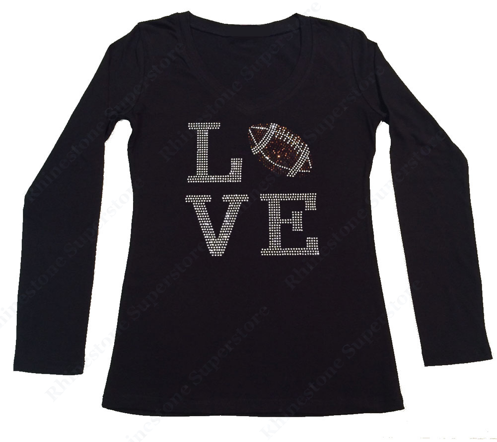 Womens T-shirt with Love Football in Rhinestones