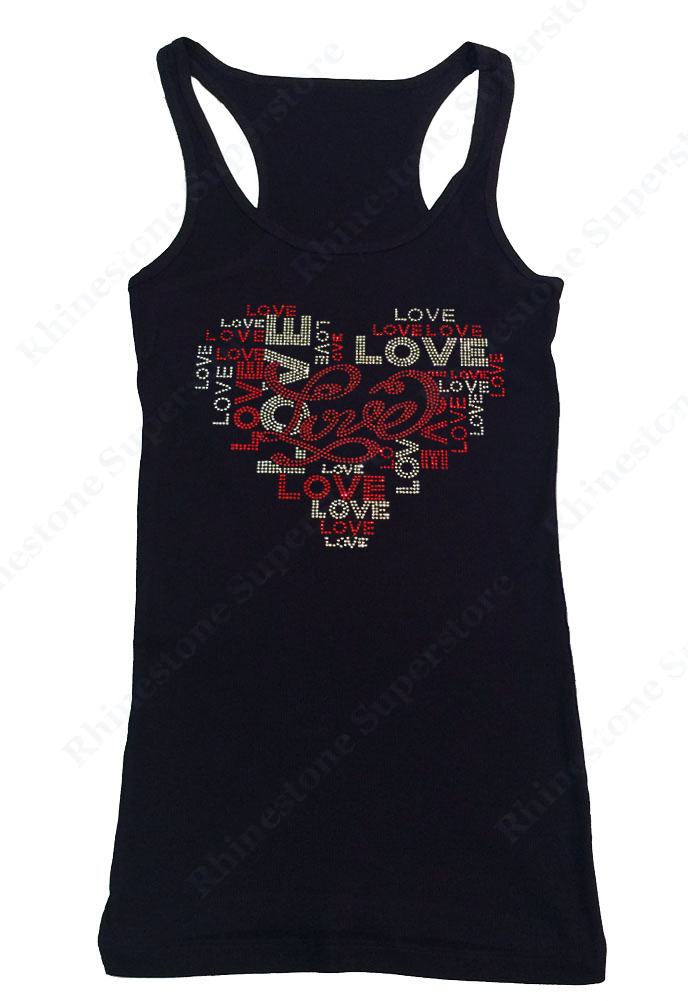 Womens T-shirt with Love Heart in Rhinestones and Rhinestuds