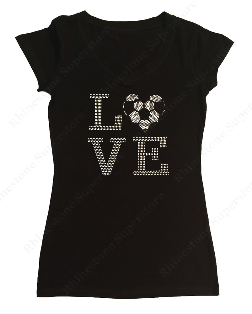 Womens T-shirt with Love Soccer Ball Heart in Rhinestones