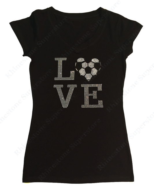 Womens T-shirt with Love Soccer Ball Heart in Rhinestones