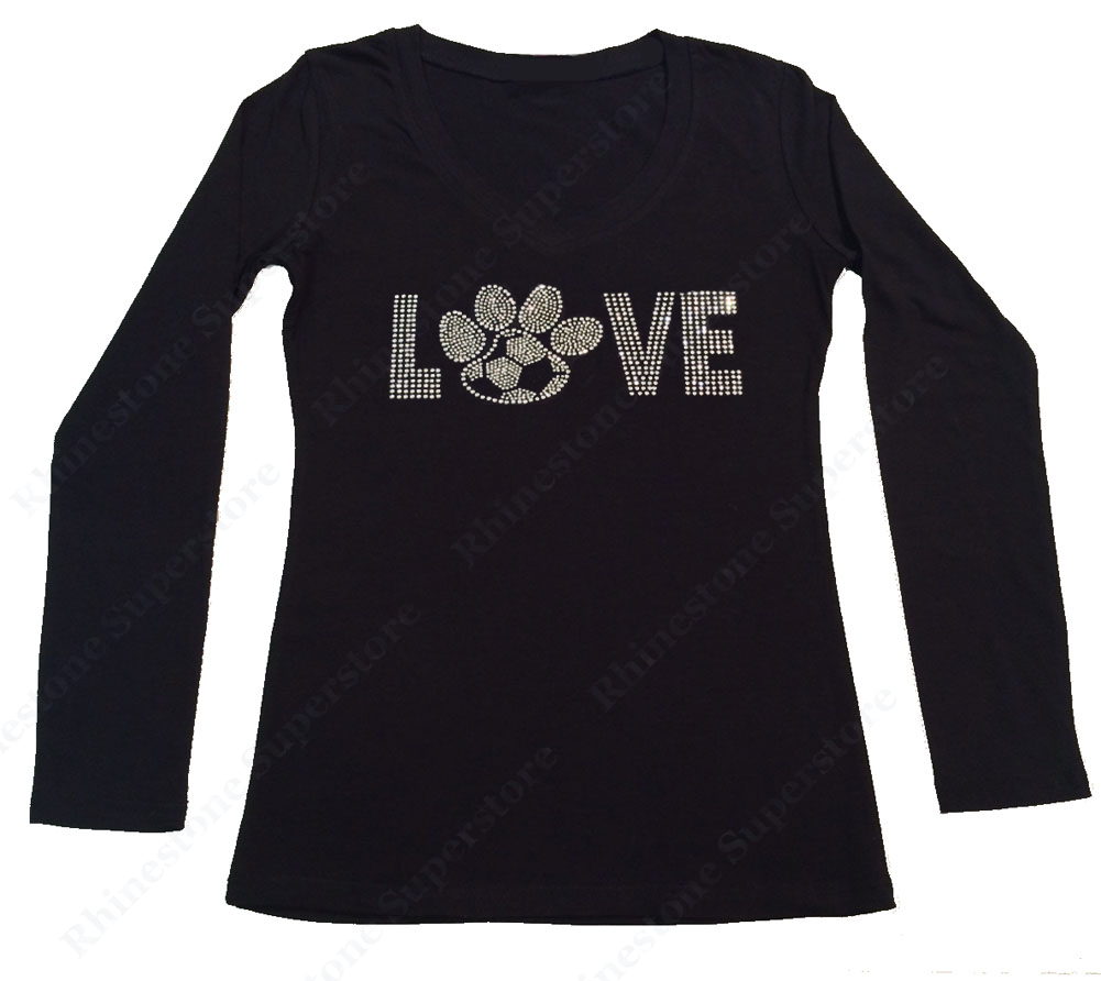 Womens T-shirt with Love Soccer Paw in Rhinestones