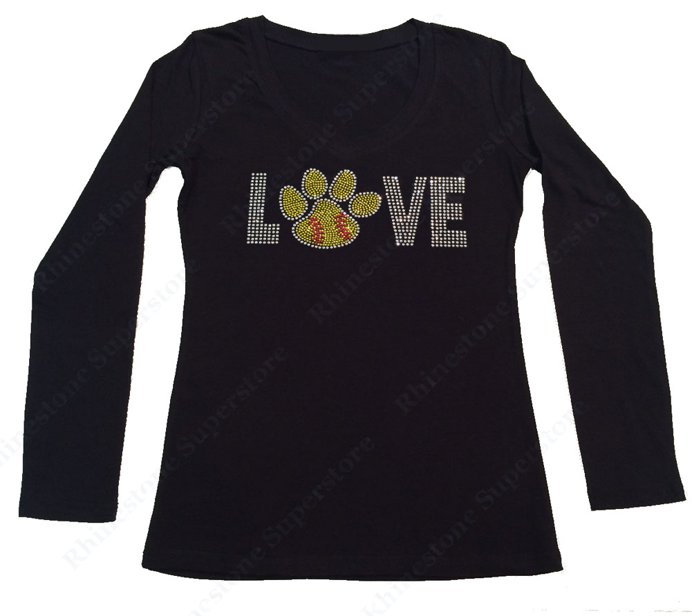 Womens T-shirt with Love Softball Paw in Rhinestones