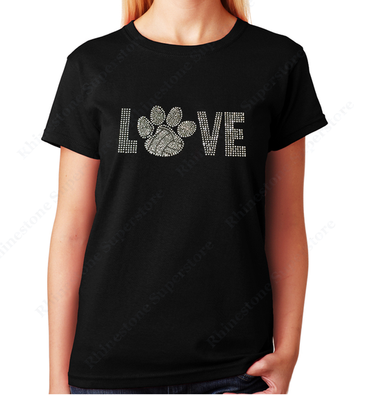 Women Unisex T-Shirt with Love Volleyball Paw in Rhinestones Crew Neck